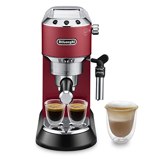 De'Longhi Dedica Style EC 685.R – Espresso Siebträgermaschine, Espressomaschine mit professionellem Milchaufschäumer, nur 15 cm breit, für Kaffeepulver oder ESE Pads, 1 l Wassertank, rot von De'Longhi