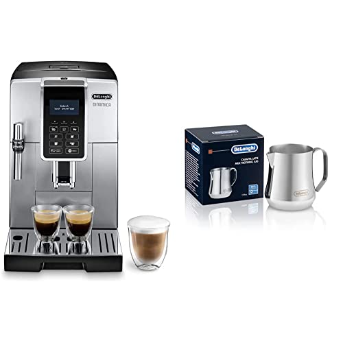 De'Longhi Dinamica ECAM 350.35.SB Kaffeevollautomat mit Profi-Milchaufschäumdüse, Klartext Digitaldisplay, 2-Tassen-Funktion, Silber & Milchkännchen DLSC060, 350 ml, Edelstahl von De'Longhi