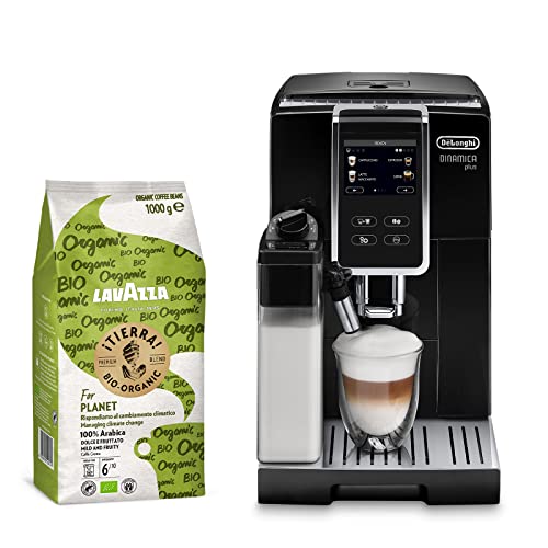 De'Longhi Dinamica Plus ECAM 370.70.B & Lavazza Kaffeebohnen im Set, Kaffeevollautomat mit LatteCrema Milchsystem und Farbdisplay inkl. 1 kg Lavazza ¡Tierra! For Planet, Schwarz von De'Longhi