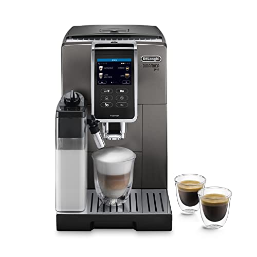 De'Longhi Dinamica Plus ECAM 372.95.TB Kaffeevollautomat mit LatteCrema Milchsystem, Cappuccino und Espresso auf Knopfdruck, Touchscreen Farbdisplay, Appsteuerung, Kaffeekannen-Funktion, Titan/Schwarz von De'Longhi