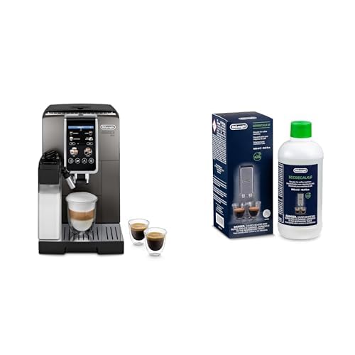 De'Longhi Dinamica Plus ECAM380.95.TB, Kaffeevollautomat mit LatteCrema Milchsystem, One-Touch-Cappuccino, mit 24 Rezepten, 3,5-Zoll TFT-Farbdisplay, 1450W, Titan/Schwarz mit DLSC 500 Entkalker von De'Longhi