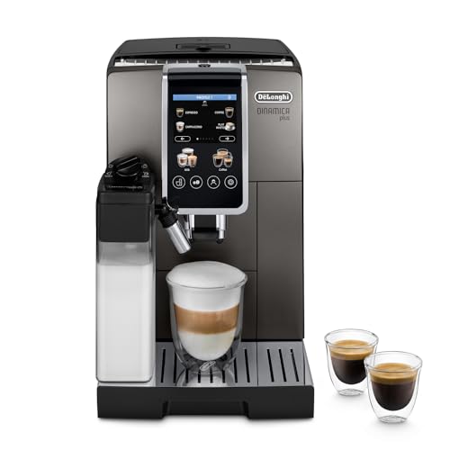 De'Longhi Dinamica Plus ECAM380.95.TB, Kaffeevollautomat mit LatteCrema Milchsystem, One-Touch-Cappuccino, mit 24 Rezepten, 3,5-Zoll TFT-Farbdisplay, 1450W, Titan/Schwarz von De'Longhi