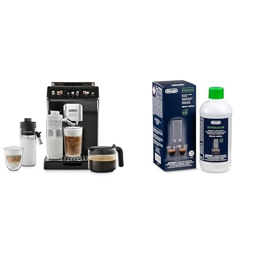 De'Longhi Eletta Explore ECAM452.57.G Kaffeevollautomat mit LatteCrema Milchsystem, heiße und kalte Getränke auf Knopfdruck, Touchscreen Farbdisplay, Kaffeekannen inkl., schwarz mit DLSC 500 Entkalker von De'Longhi