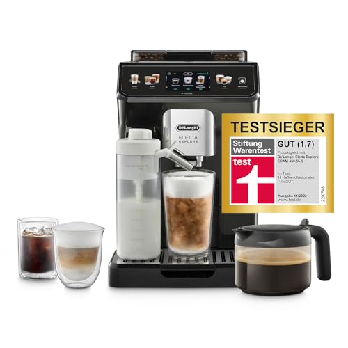 De'Longhi Eletta Explore Perfetto ECAM452.57.G Kaffeevollautomat mit LatteCrema Milchsystem, heiße und erfrischende Getränke auf Knopfdruck, 3,5 Zoll TFT Touchscreen Farbdisplay, Kaffeekanne inklusive von De’Longhi