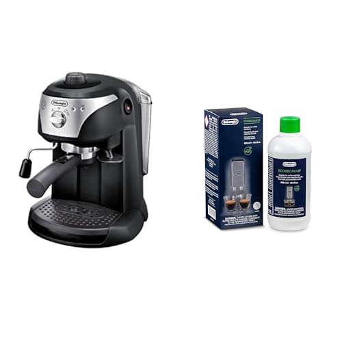 De'Longhi Espressomaschine EC 221.B – Espresso Siebträgermaschine mit manuellem Milchaufschäumer, für Kaffeepulver oder ESE Pads Geeignet, 1 l Wassertank, schwarz mit DLSC 500 Entkalker von De'Longhi