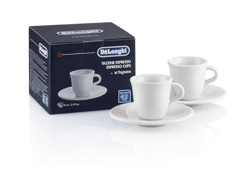 De'Longhi Espressotassen Set aus Porzellan DLSC308 – 2 handgemachte Keramik Tassen mit Untertassen, mikrowellen- & spülmaschinengeeignet, 70 ml, Weiß von De'Longhi
