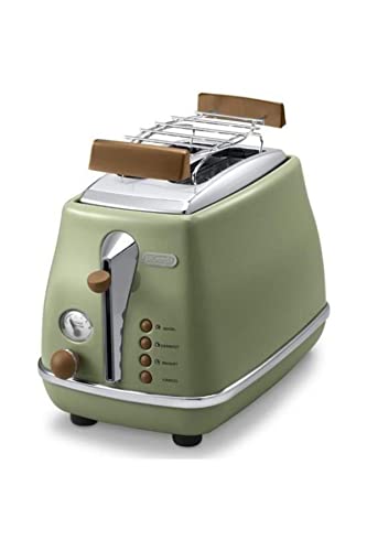 De'Longhi Icona Vintage CTOV 2103.GR – 2-Schlitz-Toaster mit Brötchenaufsatz, Toaster mit 6 Bräunungsstufen, Auftau- & Aufwärmfunktion, aus Edelstahl in elegantem Retro Look, grün von De'Longhi