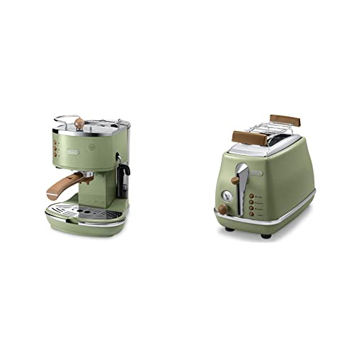 De'Longhi Icona Vintage ECOV 311.GR & CTOV 2103.GR im Set – Espresso Siebträgermaschine und 2-Schlitz-Toaster im Retro-Look, Espressomaschine mit Milchaufschäumer, Toaster mit Brötchenaufsatz, grün von De'Longhi