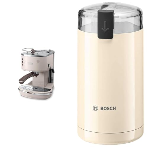 De'Longhi Icona Vintage Espresso Siebträgermaschine ECOV311.BG - mit professioneller Milchaufschäumdüse, 15 bar, 1,4 l, beige & Bosch Hausgeräte TSM6A017C Kaffeemühle, Kunststoff, Creme von De'Longhi