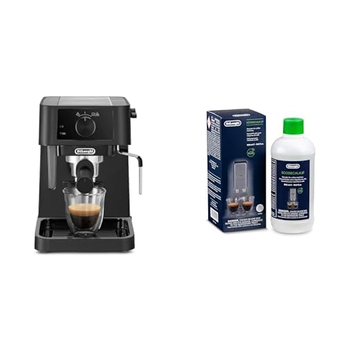 De'Longhi Stilosa EC 230.BK – traditionelle Espresso Siebträgermaschine, Espressomaschine mit manuellem Milchaufschäumer, für Espressopulver, 1 l Wassertank, schwarz mit DLSC 500 Entkalker von De'Longhi