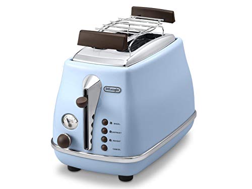 De'Longhi Toaster Icona Vintage CTOV2103.AZ - 2-Schlitz-Toaster mit Brötchenaufsatz, Edelstahl in elegantem Retro Look mit Chrom-Details, blau von De'Longhi
