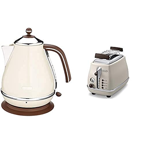 De'Longhi Toaster Icona Vintage CTOV2103.BG - 2-Schlitz-Toaster mit Brötchenaufsatz, Edelstahl in elegantem Retro Look mit Chrom-Details, beige & Wasserkocher Icona Vintage KBOV2001.BG - 1,7 l, beige von De'Longhi