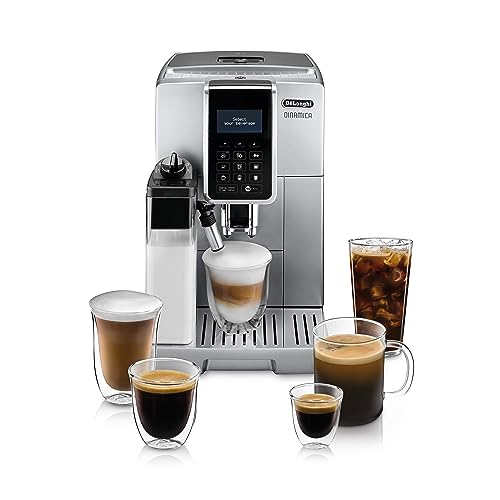 De'Longhi Dinamica ECAM 350.75.S Kaffeevollautomat mit LatteCrema Milchsystem, Cappuccino und Espresso und auf Knopfdruck, Digitaldisplay, 2-Tassen-Funktion, Großer 1,8 Liter Wassertank, Silber von De'Longhi