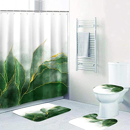 De-Mediocre 4 Pcs Marmor Duschvorhang Sets Ombre Grün Gold Wassertropfen Grün Golden Linien Gestreift Badematte Dekor Badezimmer WC Matte Deckel Abdeckung U Form Rutschfester Teppich Zubehör Stoff von De-Mediocre