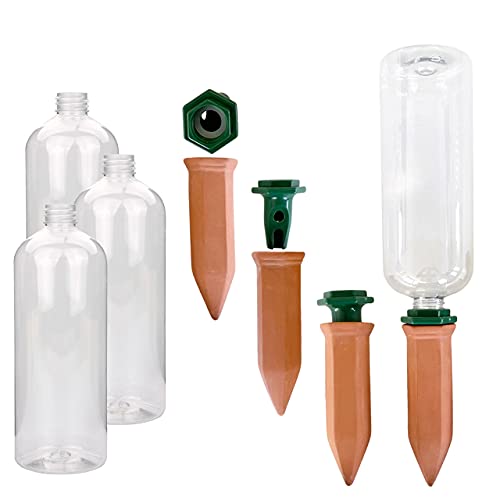 Pflanzenbewässerung | Tonkegel inklusive Adapter und PET Flaschen | 750 ml | Bewässerungsspikes für optimale Bewässerung | 4er-Set | Wasserspender | Ideal für die Abwesenheit während des Urlaubs von De-Plastik