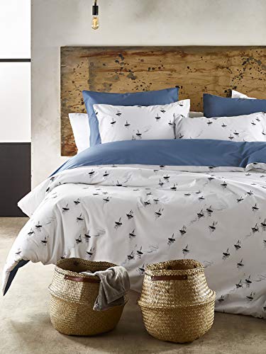 De Witte Lietaer Hiroshi Bettwäsche, Bettbezug und Kissenhüllen, Baumwolle, Weiß/Blau, 200 x 220 cm von De Witte Lietaer