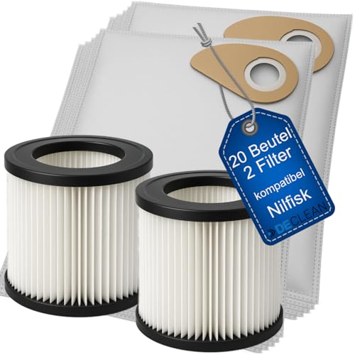 20 Staubsaugerbeutel + 2 Filter kompatibel mit Nilfisk Staubsauger Buddy II 12 + 18 INOX Buddy 2 81943047 Rundfilter Lamellenfilter Filterelement Patronenfilter Faltenfilter von DeClean