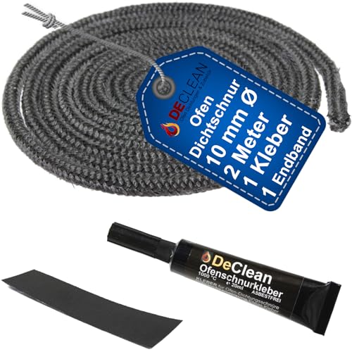 DeClean - Ofen Dichtschnur für Kaminofen Ofendichtung 2 Meter Kamin Dichtband 10mm mit hitzebeständiger Kleber Ideal für Kamin, Ofen Reparatur Kamindichtung von DeClean