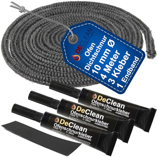 DeClean - Ofen Dichtschnur für Kaminofen Ofendichtung 4 Meter Kamin Dichtband 10mm mit hitzebeständiger Kleber Ideal für Kamin, Ofen Reparatur Kamindichtung von DeClean