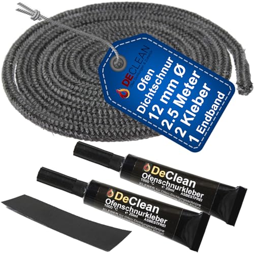 DeClean - Ofen Dichtschnur für Kaminofen Ofendichtung 2,5 Meter Kamin Dichtband 12mm mit hitzebeständiger Kleber Ideal für Kamin, Ofen Reparatur Kamindichtung von DeClean