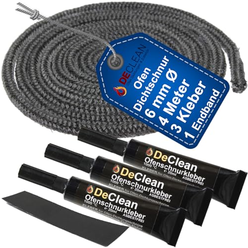 DeClean - Ofen Dichtschnur für Kaminofen Ofendichtung 4 Meter Kamin Dichtband 6mm mit hitzebeständiger Kleber Ideal für Kamin, Ofen Reparatur Kamindichtung von DeClean