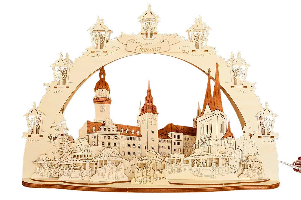 DeColibri LED Schwibbogen 3D LED Schwibbogen Chemnitz Rathaus Markuskirche - Holzkunst, Holzkunst aus Sachsen von DeColibri
