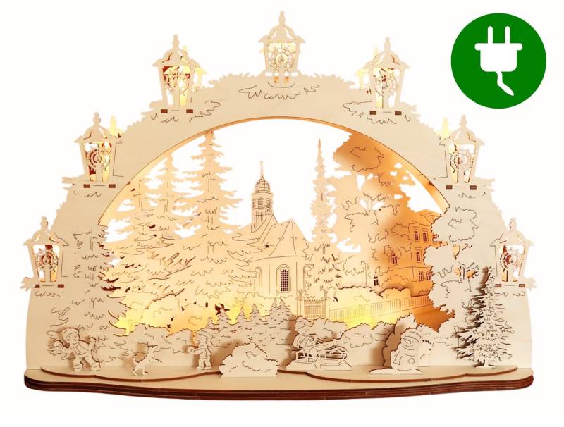 DeColibri LED Schwibbogen LED Schwibbogen Winterdorf mit Kirche, Erzgebirge - mit Netzkabel, Erzgebirge, mit Netzkabel von DeColibri