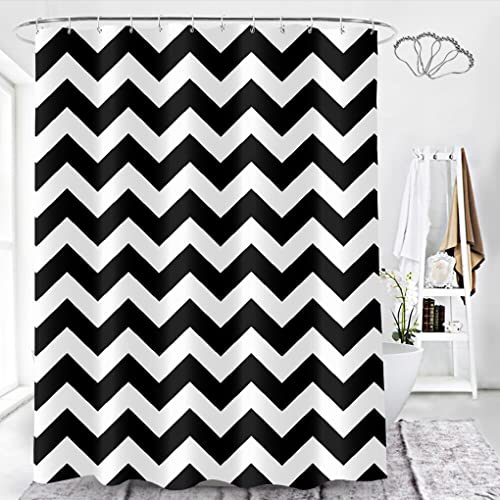 DeKeLaiFu Gestreifter Stoff Schwarz und Weiß Duschvorhang-Set mit Stahlhaken, Einfache Moderne Chevron Duschvorhänge Badezimmer Vorhänge Dekor Schimmelfest Beständig Gewicht Wasserdicht, 180x180cm von DeKeLaiFu