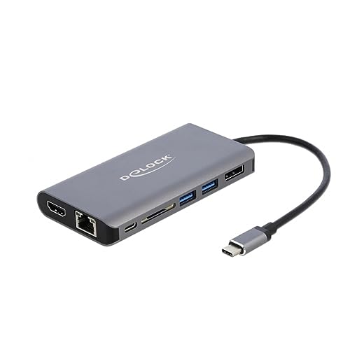 DeLock USB C HUB 7in1 mit HDMI und Displayport 4K, USB 3.0 Hub, PD 3.0 100 Watt, SD/TF Kartenleser und RJ45 Gigabit LAN, 87683 von DeLOCK