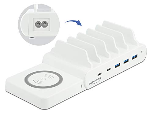Delock 6 in 1 USB-Ladestation mit Wireless Charger, Bis zu 6 Geräte gleichzeitig Laden, Für Laptops, Smartphones und Tablets, (2 x USB-C PD + 3 x USB A) mit 110 W, 41450 von DeLOCK