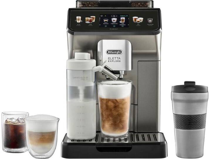 DE'LONGHI Kaffeevollautomat Eletta Explore Cold Brew ECAM450.86.T - 100 Rezepte (App), heiß & kalt , grau (titan), B:26cm H:38,5cm T:45cm, Kaffeevollautomaten, Cold Brew in unter 5 Minuten inkl. 3,5 Touch-Display & To-Go Funktion, Topseller von DeLonghi