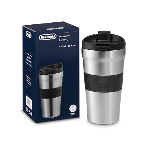 DeLonghi Reisebecher, Edelstahl & Silikon, Thermobecher mit Deckel, Konisch, 470ml, Modern, Silberfarben, Wiederverwendbar von De'Longhi