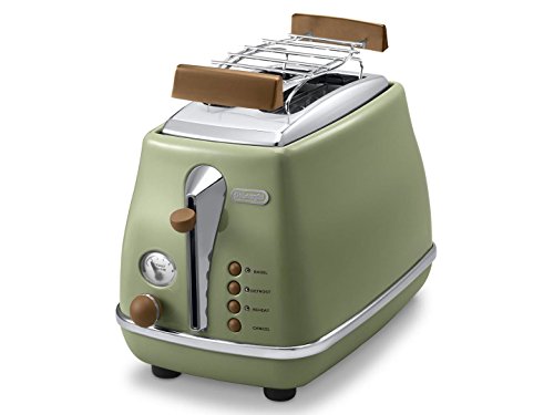 De'Longhi Icona Vintage CTOV 2103.GR – 2-Schlitz-Toaster mit Brötchenaufsatz, Toaster mit 6 Bräunungsstufen, Auftau- & Aufwärmfunktion, aus Edelstahl in elegantem Retro Look, grün von De'Longhi