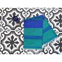 Artisan Hand Loomed Oaxacan Gestreifte Handtücher Baumwolle Blau Grün von DeNuevoVintage