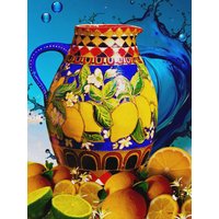 Weinkrug Wasserkrug Steingut Keramik Handbemalt Zitronen Italienisch Harlekinmuster Mediterran Große Vase Bodenvase Getränkespender Obst von DePinhoArtworks