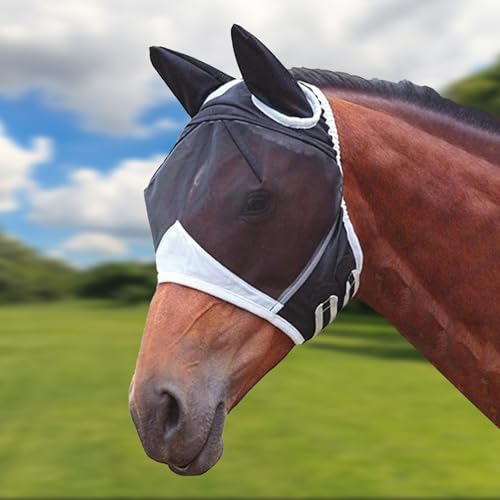 Fliegenmaske Pferd, Fliegenhaube Pferd UV-Schutz mit Ohrenschutz – Atmungsaktive Hautverträgliche Reitmaske für Training, Haltung & Freizeit (Schwarz)​ von DePro