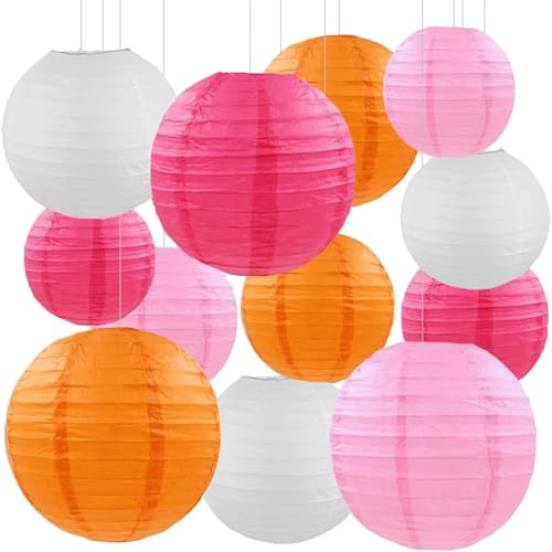 Lampion, Lampenschirm Papier, 12 Stück Papierlaternen für Hochzeiten, Geburtstagsfeiern, Partydekoration, 15 cm/20 cm/25 cm,Vier Farben(Weiß, Rosa, Pink, Orange) von DePro