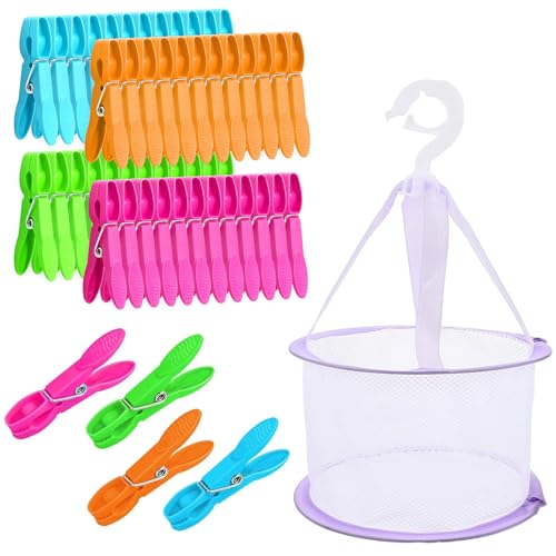 Wäscheklammern Mit Korb, 48 Stück Bunte Wäscheklammern Und EIN Wäschesack Mit Verstellbarem Windschutz, Ideal Für Wäscheleinen Und Kleiderbügel, 4 Farben (Rot, Orange, Grün, Blau) von DePro
