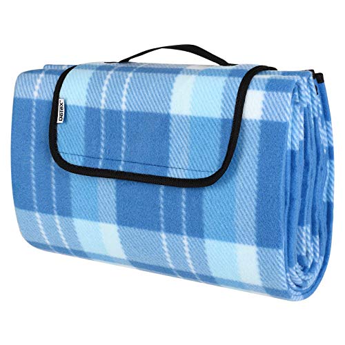 DeTeX® Picknickdecke Campingdecke XL 195x150 cm Wasserdicht Wärmeisoliert Waschbar Fleece Faltbar für 2-4 Personen Garten Stranddecke Blau/Weiß von DeTeX