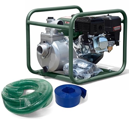 DeTec. Benzin Wasserpumpe 2 Zoll | Schmutzwasserpumpe mit 2" Ansaugschlauch/Ablassschlauch | Wasser Pumpe 30.000 L/h Gartenpumpe von DeTec.
