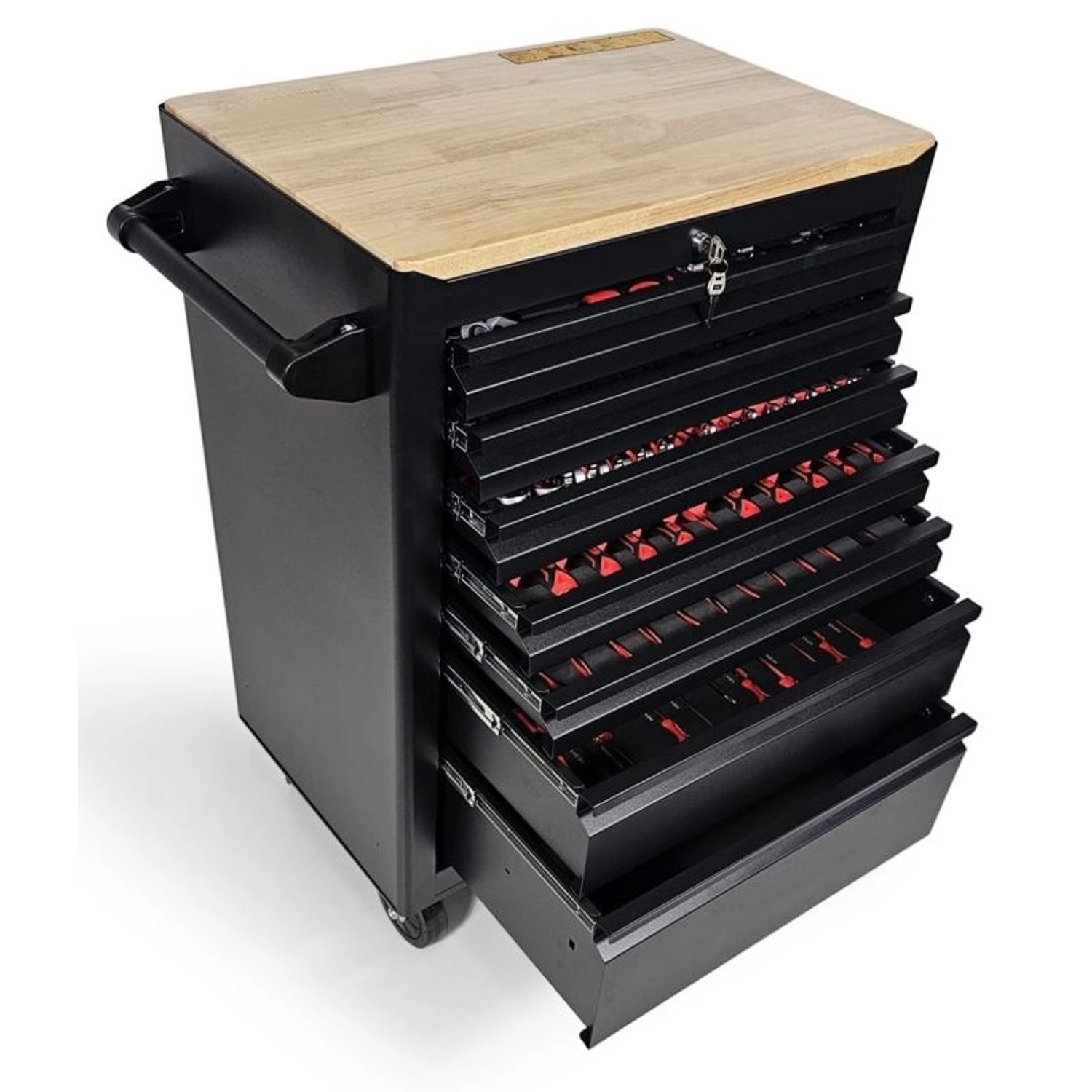 DeTec. Werkstattwagen Designer Edition Gefüllt Werkzeugschrank Rollbar Werkzeugkiste mit Holzplatte Werkzeugkasten mit Schaumstoff Werkzeugeinlegern von DeTec.