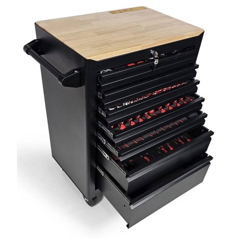 DeTec. Werkstattwagen Designer Edition Gefüllt Werkzeugschrank Rollbar Werkzeugkiste mit Holzplatte Werkzeugkasten mit Schaumstoff Werkzeugeinlegern von DeTec.