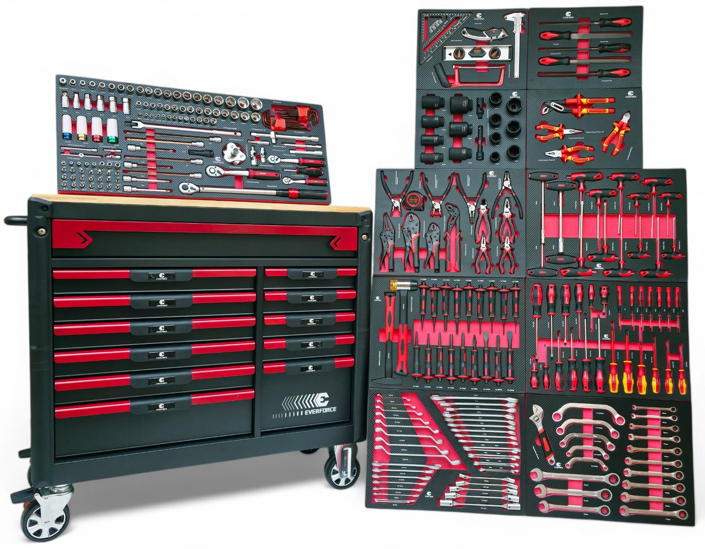 DeTec. Werkstattwagen Heavy Duty Edition mit Holzplatte 12 Schubladen 11 befüllt, 300-tlg. Werkzeugset, Mit Carbon Optik Einlegern befüllt von DeTec.