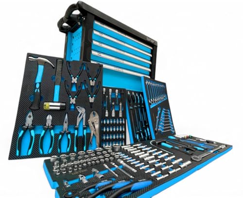 DeTec. Werkstattwagen befüllt mit Werkzeug | 6 von 6 Schubladen gefüllt | Werkzeugwagen Carbon Optik Einleger | Werkzeugkasten bestückt Blue Edition Extended von DeTec.