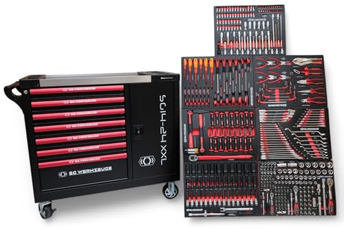 DeTec. Werkzeugwagen XXL befüllt mit Werkzeug | 7 Schubladen gefüllt | KFZ Werkstattwagen Carbon Optik Einleger | KFZ Werkzeugkasten bestückt Red Black Edition Profiwerkzeug von DeTec.