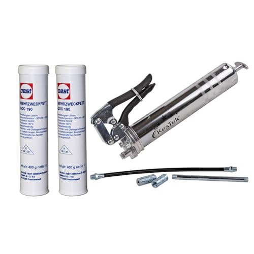 Mehrzweck Einhand Fettpresse EFP400 Set - Mit 2x Schmierfett IXELON GOC190, je 400g, ideal für präzises Schmieren von Maschinen, Fahrzeugen und Geräten, robust und einfach in der Handhabung von DeTec