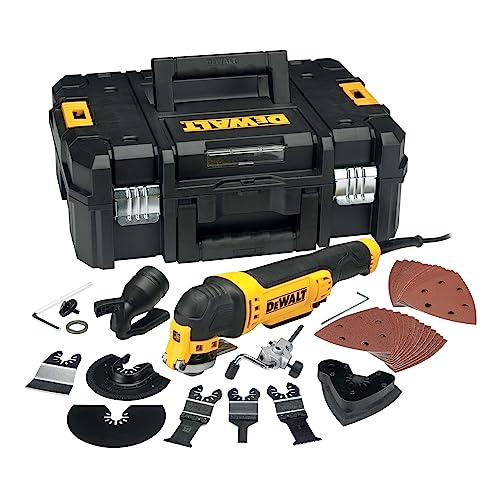 Dewalt 300 W oszillierendes Multi-Tool DWE315KT (stufenlos regulierbare Geschwindigkeit, werkzeugloser Zubehörwechsel, LED-Leuchte, Staubabsaugung, inkl. 37-tlg. Zubehör Set, T-STAK-Box) von DeWALT