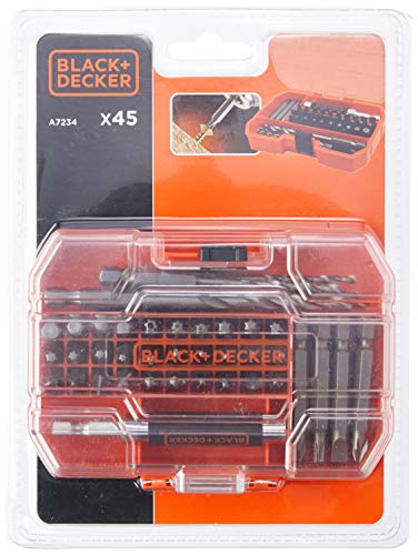 Black & Decker 45-teilig Bit- und Bohrer-Set (bestehend aus 6x HSS Sechskantbohrer, 30x Schrauberbits 25 mm, 8x Schrauberklingen 50 mm, Magnethalter, im Koffer) A7234 von BLACK+DECKER
