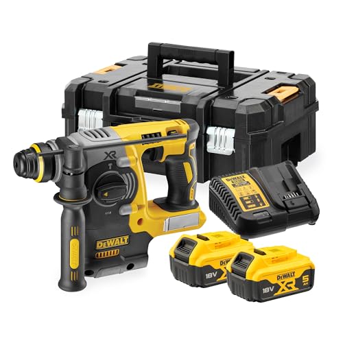 DEWALT SDS-plus XR Akku-Kombihammer/Schlagbohrmaschine (18V, bürstenlos, 24mm, ideal für Bohranker/Befestigungslöcher, 2x 18V / 5 Ah Li-Ion Akkus, Ladegerät, T-STAK Box), DCH273P2T-QW von DEWALT