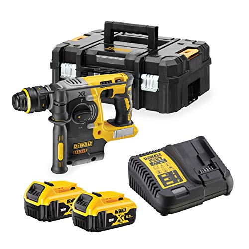 DeWalt SDS-plus XR Akku-Kombihammer (18V, 5 Ah, 24mm, bürstenlos, 13mm-Schnellspann-Bohrfutter, für Beton, Ziegel und Mauerwerk von 4 - 24 mm, inkl. 2x Akkus, System-Schnellladegerät, Tstak Box II und Zubehör), DCH274P2T von DEWALT